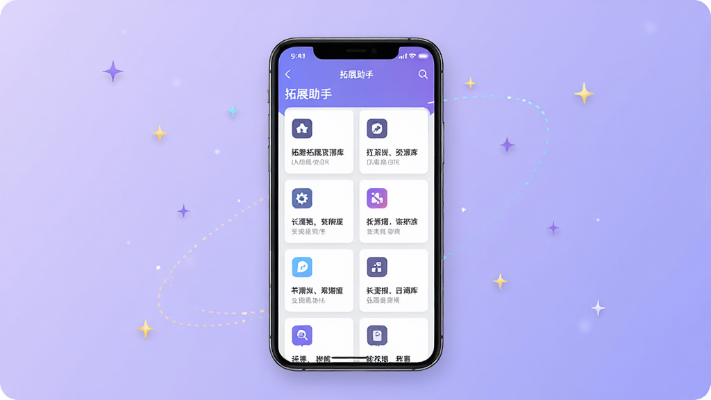 一张展示拓展助手海量拓展资源库的AI生图,画面中心是一部手机屏幕显示拓展助手资源库页面,页面上排列着整齐的功能卡片,每个卡片带有图标和简短说明文字,背景为淡紫色渐变,周围有微小的星星点缀象征丰富资源,风格清新科技感,画质高清,干净无多余元素