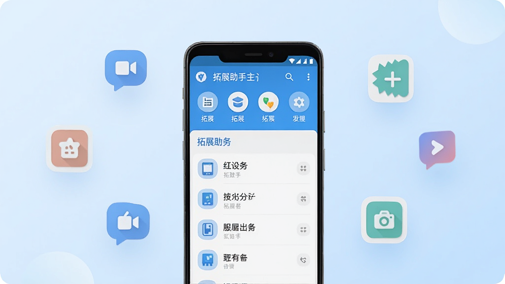 一张展示拓展助手软件主界面的场景图,画面中央放置一部安卓手机,手机屏幕上显示拓展助手的应用界面,界面包含功能图标和拓展服务列表,背景为柔和的浅蓝色渐变,周围散布几个悬浮的功能图标代表拓展服务,整体风格简洁现代,画质清晰,干净无多余元素