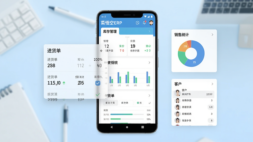画面中央放置一部竖屏安卓手机,手机屏幕内展示“菜悟空ERP”的库存管理仪表盘界面,左侧悬浮半透明的进货单卡片,右侧漂浮销售统计饼图与客户列表,背景为浅蓝色渐变办公桌面,风格简洁现代扁平化,细节包含数字、条形图与勾选图标,画质清晰干净无多余元素