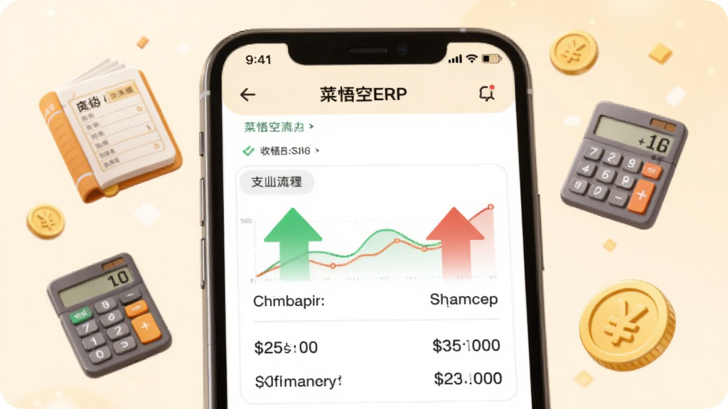 画面展示“菜悟空ERP”财务流水页面,手机屏幕中显示收入绿色箭头与支出红色箭头,周围漂浮账本、计算器与金币图标,背景为柔和米色,风格温暖亲切实用,细节有图表曲线与数字金额,画质清晰干净无多余元素