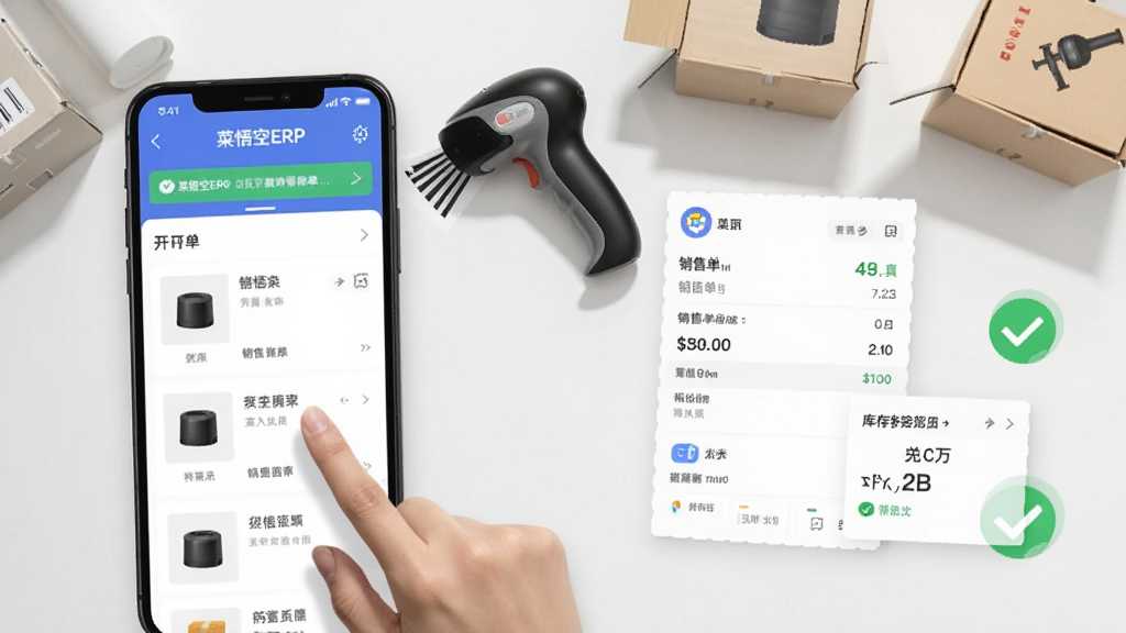 一张横向构图的软件功能宣传图,画面左侧是“菜悟空ERP”手机开单界面,手指正在点击商品列表,右侧是同步完成的销售单据与库存数字变化,背景为干净白色工作台,风格清爽商务,细节有扫码枪、商品盒与绿色对勾,画质高清无杂乱元素