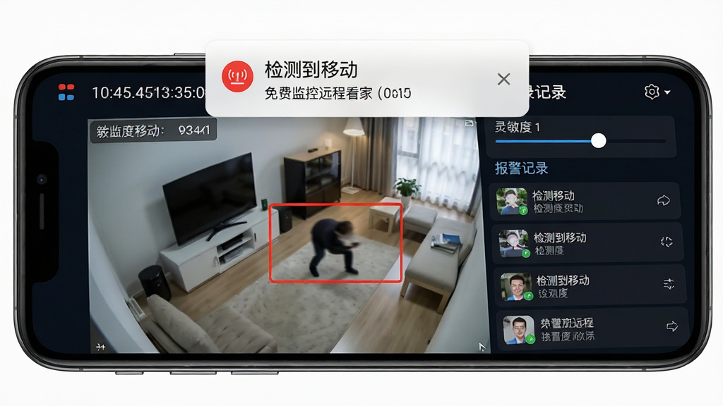 手机屏幕显示监控画面中有一个红色矩形框标注出移动物体,屏幕上方弹出报警通知横幅,通知内容显示