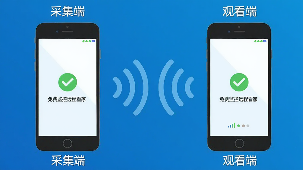 两部智能手机并排摆放,左侧手机标注为采集端,右侧手机标注为观看端,两部手机屏幕之间用无线信号波纹连接,背景为简洁的蓝色科技渐变,风格为扁平化插画风,细节包括手机屏幕上的连接成功图标、信号强度指示,画质清晰,画面干净,无多余元素,图片中打文字