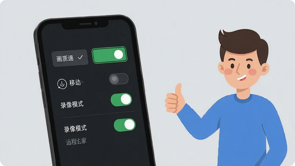 手机屏幕显示免费监控远程看家的设置界面,界面上有画质选择、移动侦测开关、录像模式等选项,界面风格为深色主题,旁边有一个卡通人物竖起大拇指,背景为浅灰色,风格为扁平化插画风,细节包括设置项的文字标签、开关按钮的状态,画质清晰,画面干净,无多余元素,图片中打文字