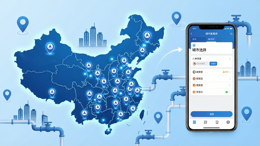 燃气缴费宝多城市覆盖广泛适用功能展示图,画面主体为中国地图轮廓,地图上多个城市位置标注燃气缴费宝图标,画面右侧为手机屏幕显示城市选择界面,背景为浅蓝色渐变,周围环绕定位图标、城市建筑剪影、燃气管道图标等元素;布局采用左图右机构图,地图与手机形成呼应;排版清晰有序,重点突出多城市覆盖概念;风格为现代商务科技风,色彩以蓝色和白色为主;细节上地图有微光效果,手机屏幕内容清晰,整体画面大气简洁;画质为高清2K,画面干净,无多余元素。