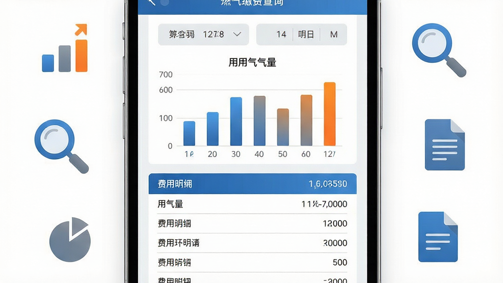 燃气缴费宝账单查询清晰透明功能展示图,画面主体为手机屏幕,屏幕中显示账单查询页面,包含月份选择器、用气量柱状图、费用明细列表等元素,背景为白色,周围环绕图表图标、放大镜图标、文档图标等装饰元素;布局采用上下结构,上方为图表展示,下方为明细列表;风格为数据可视化风格,色彩以蓝色和灰色为主,辅以橙色高亮;细节上柱状图有渐变效果,列表项有分隔线,整体画面清晰易读;画质为高清2K,画面干净,无多余元素。