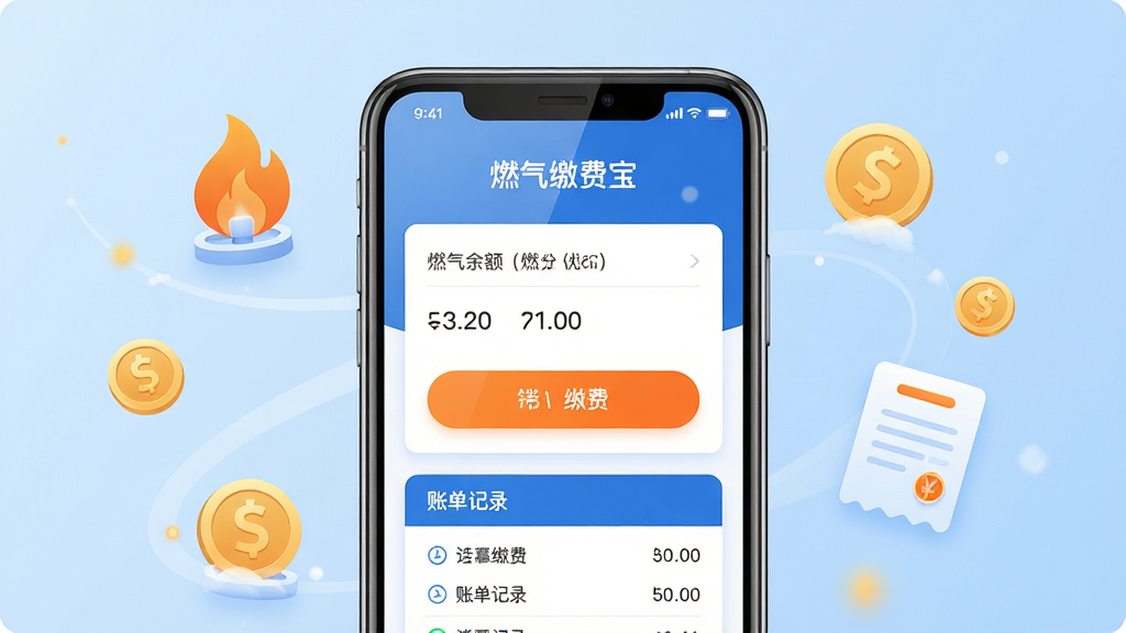 燃气缴费宝是一款手机端燃气费用在线缴纳工具,画面主体是一部智能手机,屏幕显示燃气缴费宝的首页界面,界面中包含燃气余额、缴费按钮、账单记录等模块;布局采用居中构图,手机直立放置,背景为浅蓝色渐变,周围环绕燃气火焰图标、金币图标、账单图标等元素;排版简洁清晰,重点突出手机屏幕内容;风格为现代扁平化科技风,色彩以蓝白为主,辅以橙色点缀;细节上手机屏幕有轻微反光,图标圆润精致,整体画面干净无杂乱元素;画质为高清2K,画面干净,无多余元素。