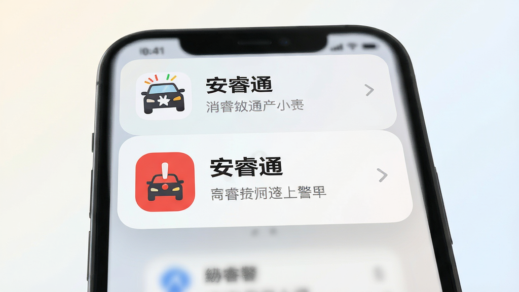 画面主体为手机屏幕弹出告警通知卡片,卡片上显示车辆故障图标与红色感叹号;背景为浅色渐变,布局采用手机居中、通知卡片从上方滑入的动态构图;风格为扁平化通知界面展示风;细节包括卡片圆角柔和、图标醒目、文字排版清晰;画质高清、干净、无多余元素,图片中文字标注“安睿通”