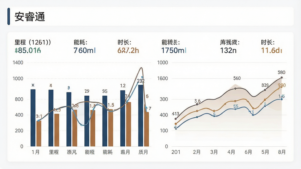 画面主体为一块显示柱状图与折线图的数据分析看板,看板上标注里程、能耗、时长等指标;背景为白色简约风格,布局采用上下结构,上方为标题栏,下方为图表区域;风格为商务数据报告风;细节包括图表线条流畅、配色沉稳、数据标签清晰;画质高清、干净、无多余元素,图片中文字标注“安睿通”