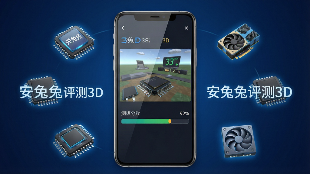 一张手机屏幕正面展示安兔兔评测3D跑分界面的场景图,画面中央是手机竖屏,屏幕内显示3D测试场景和分数进度条,手机周围环绕着芯片、显卡、散热风扇等科技元素图标,背景为深蓝色渐变,布局采用居中对称构图,风格为写实科技风,细节包括屏幕反光、金属边框质感、图标发光效果,画面中文字标注“安兔兔评测3D”,画质为4K高清,干净简洁,无多余元素