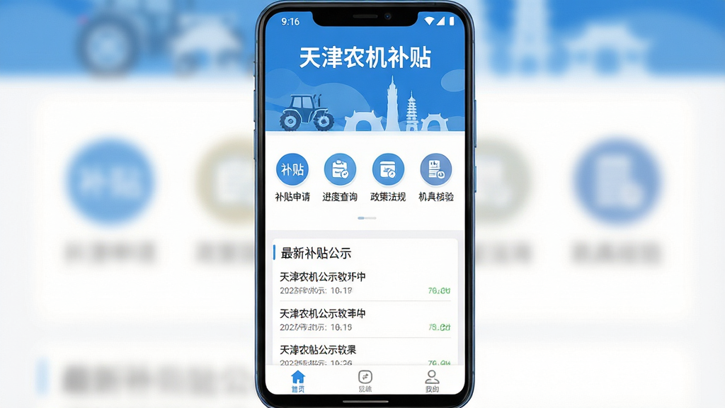 手机屏幕中显示天津农机补贴软件界面,主体为一部竖直放置的安卓手机,屏幕中呈现蓝色主色调的APP首页,页面顶部有天津农机补贴字样与天津地标剪影,中部排列补贴申请、进度查询、政策法规、机具核验四个圆形功能图标,下方有最新补贴公示列表,布局为居中对称式,排版清晰留有呼吸感,风格为扁平化政务商务风,细节包括图标圆角、浅灰色分割线、底部导航栏三个按钮,画质高清干净无多余元素,整体明亮清爽,文字清晰可辨,比例为9比16