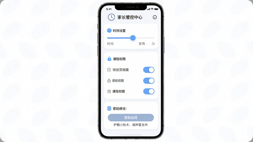神墨教育家长管控中心界面图,主体为手机屏幕显示家长设置页面,布局为上方时间设置滑块、中部课程权限开关列表、下方密码修改入口,排版为分组卡片式,风格为柔和圆角商务风,细节包含时钟图标、锁形图标、开关按钮、护眼小贴士文字,画质高清,画面干净,无多余元素,背景为白色。
