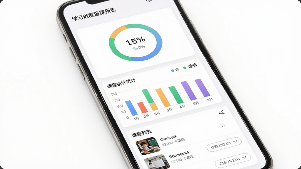 神墨教育学习进度追踪报告图,主体为手机屏幕显示数据仪表盘,布局为上方环形进度图、中部柱状统计图、下方课程列表,排版为纵向卡片式,风格为简约商务教育风,细节包含百分比数字、彩色柱状条、课程缩略图、日期筛选按钮,画质高清,画面干净,无多余元素,背景为白色。