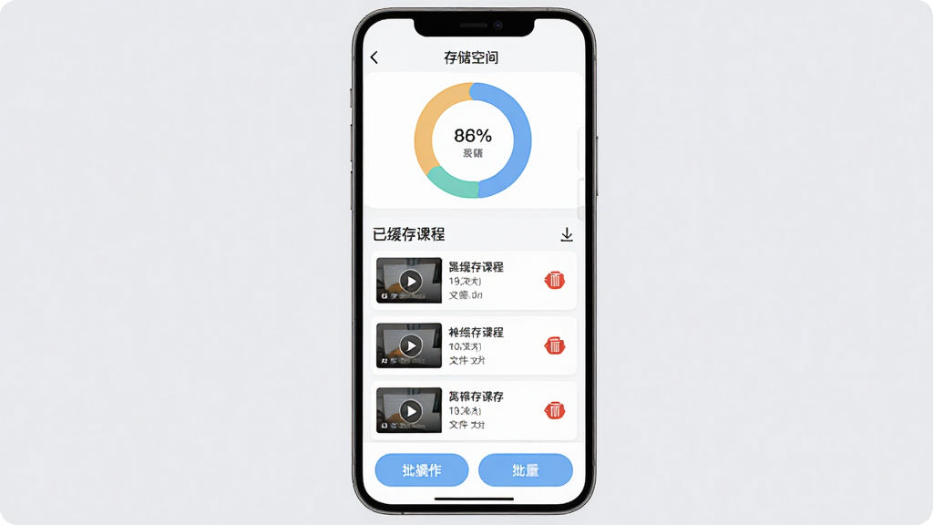 神墨教育离线缓存学习功能图,主体为手机屏幕显示缓存管理页面,布局为顶部存储空间环形图、中部已缓存课程列表、底部批量操作按钮,排版为纵向列表式,风格为清新浅色系,细节包含下载箭头图标、视频缩略图、文件大小文字、删除按钮,画质高清,画面干净,无多余元素,背景为浅灰色。