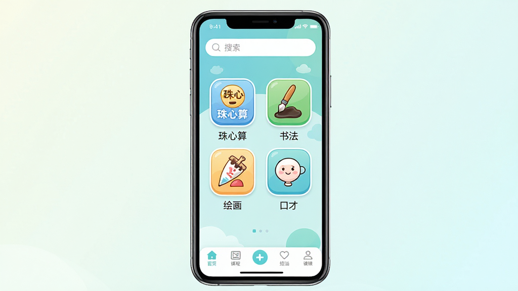 神墨教育APP主界面展示图,主体为一部智能手机屏幕,屏幕中显示神墨教育APP首页,有珠心算、书法、绘画、口才等课程入口图标,布局为居中竖屏展示,排版简洁清晰,风格为清新卡通教育风,细节包含柔和的蓝绿色调、圆角图标、底部导航栏、顶部搜索框,画质高清,画面干净,无多余元素,背景为浅色渐变。