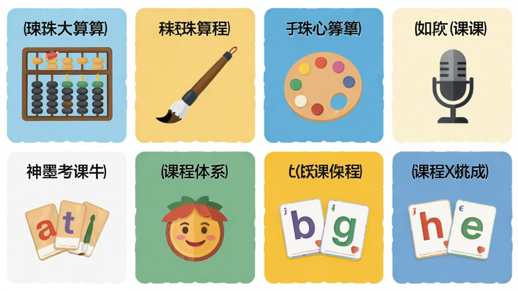 神墨教育多元课程体系展示图,主体为一张横向展开的课程卡片矩阵,布局为三行四列的网格排列,排版整齐有序,风格为扁平化教育插画风,细节包含珠心算算盘图标、毛笔图标、调色盘图标、麦克风图标、拼音字母卡片等元素,每张卡片配有课程名称文字,画质高清,画面干净,无多余元素,背景为白色。