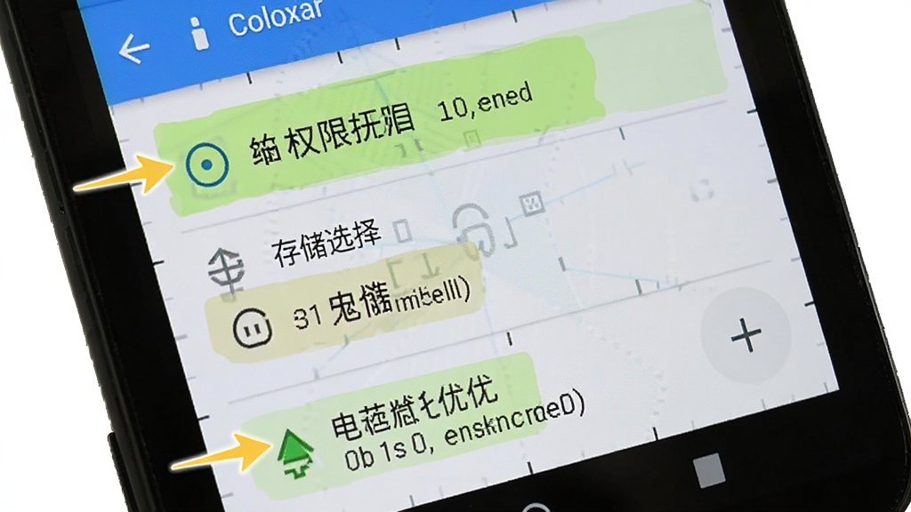 一部安卓手机屏幕显示指南针智能应用设置界面,画面中标注了权限开启、存储选择、电池优化三个选项区域,排版为手机界面截图风格,风格为教程指引图,细节包括选项高亮标注、箭头指示、文字说明,画质清晰,干净无多余元素