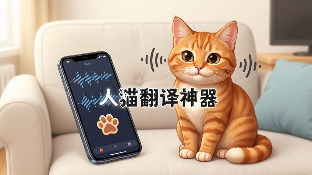 一只橘猫坐在客厅沙发上,旁边放着一部智能手机,手机屏幕上显示着声波和猫爪图标,画面中央悬浮着“人猫翻译神器”字样,主体突出,布局居中,排版简洁,卡通写实风格,细节包括猫耳朵、声波线条、手机界面元素,画质高清,干净,无多余元素