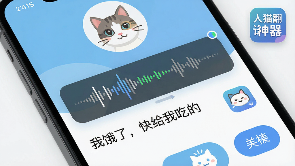 手机屏幕特写,界面上方是猫咪头像,中间是声波翻译条,下方是翻译结果文字“我饿了,快给我吃的”,旁边有“人猫翻译神器”软件名称标识,主体清晰,布局上下分层,排版整齐,风格为现代扁平化,细节包括按钮、图标、文字排版,画质高清,干净,无多余元素