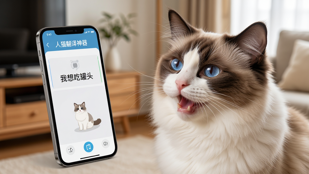 一只布偶猫对着手机喵喵叫,手机屏幕显示“人猫翻译神器”翻译结果为“我想吃罐头”,背景是温馨的家居环境,主体是猫和手机,布局左右分布,排版自然,风格温馨写实,细节包括猫的眼神、毛发质感、手机界面文字,画质高清,干净,无多余元素