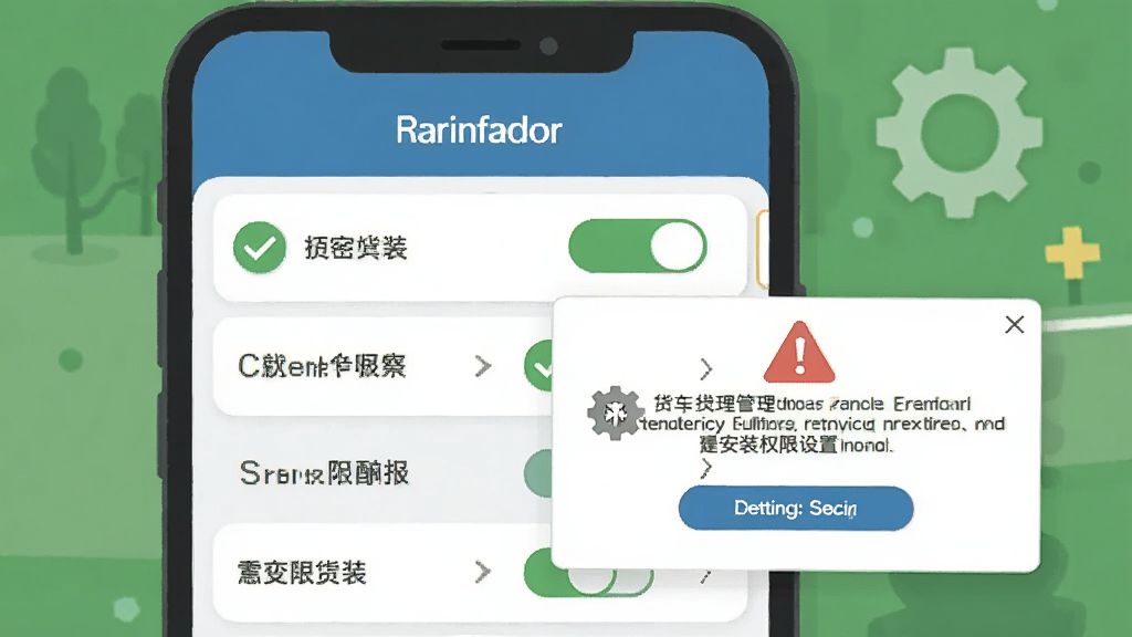 货车管理助手安装权限设置示意图,画面主体为手机屏幕显示权限开关列表与安全提示弹窗,布局采用上下分层构图,风格为扁平化教程插画,细节包括绿色对勾图标、红色警告三角、设置齿轮,画质清晰干净无多余元素