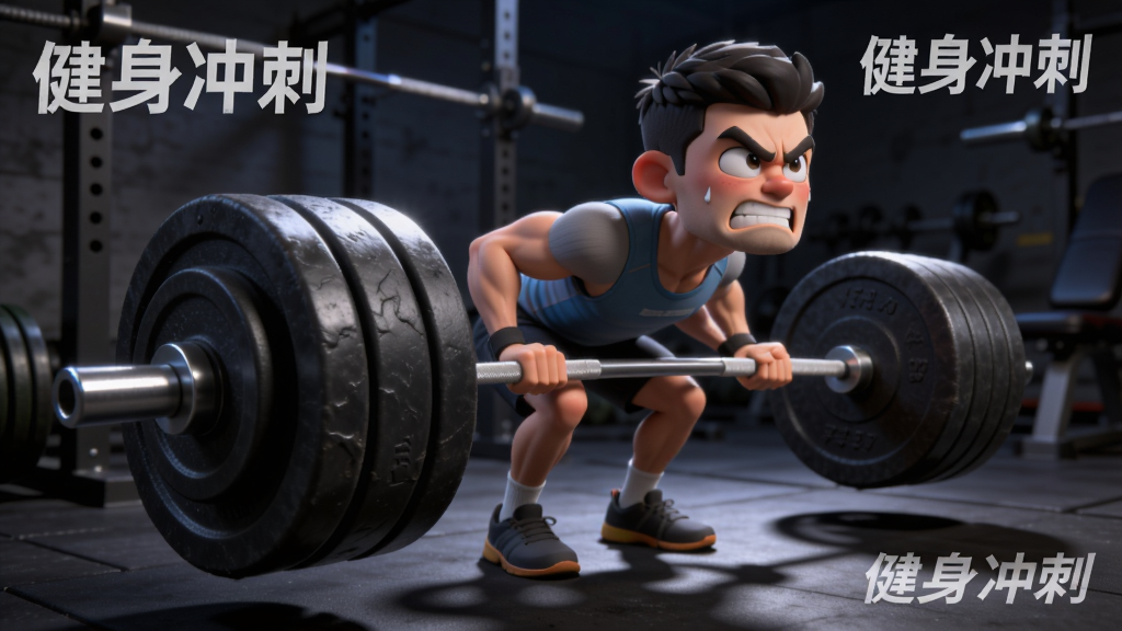 一个3D健身角色正在做硬拉动作,杠铃两端挂着大重量杠铃片,角色表情用力,背景是昏暗的力量训练区,布局为斜侧视角突出动作张力,风格为写实卡通3D渲染,细节包括杠铃片纹理、角色背部肌肉和地面阴影,画质高清干净,画面中可加入文字“健身冲刺”