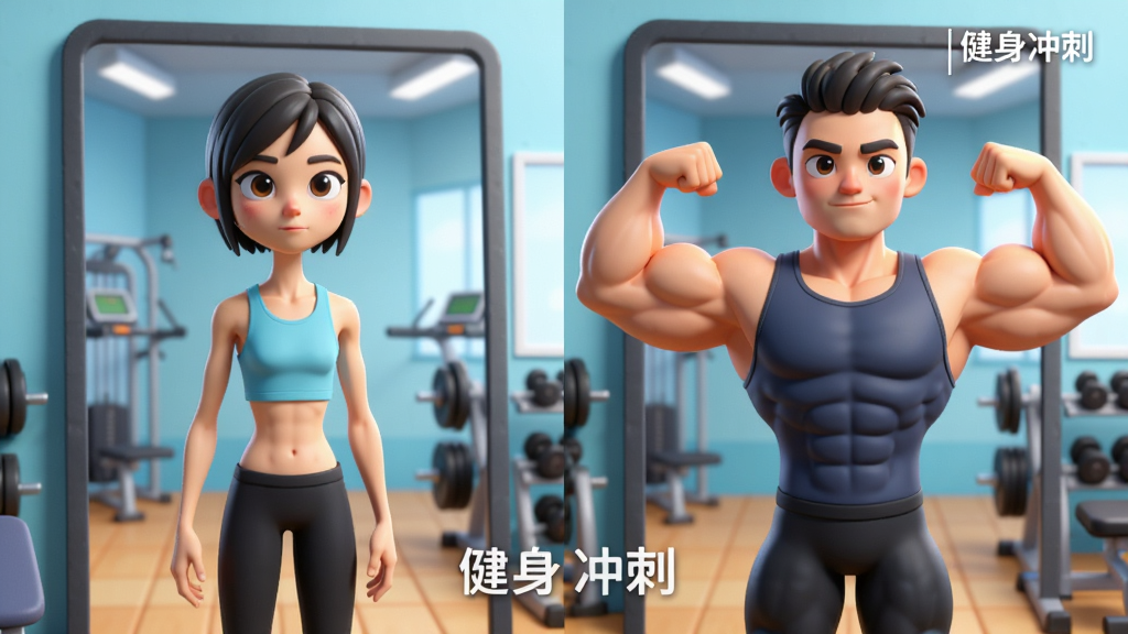 一个3D健身角色站在镜子前,左右两侧分别展示瘦弱与强壮两种体型对比,布局为左右分屏构图,风格为明亮卡通3D渲染,细节包括肌肉线条变化、镜面反射和健身房背景,画质清晰干净,画面中可加入文字“健身冲刺”