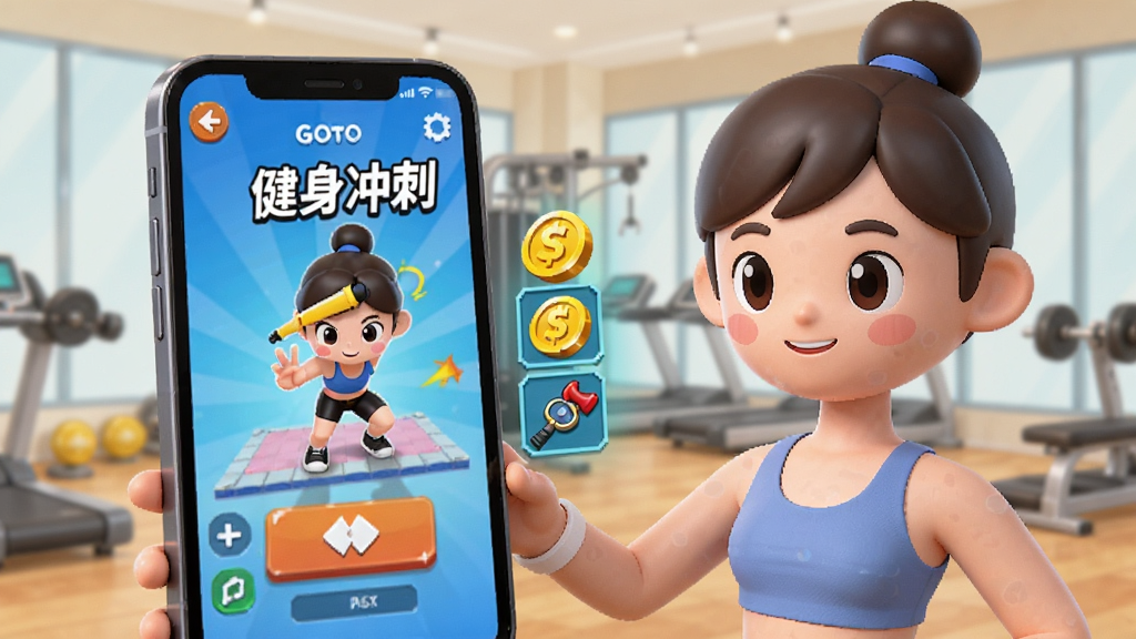 一个3D健身角色在健身房中面对手机屏幕,屏幕上显示“健身冲刺”游戏界面,角色旁边有金币和道具图标,布局为角色与手机并排构图,风格为清新卡通3D渲染,细节包括手机界面按钮、角色表情和健身房器械,画质干净清晰,无多余元素