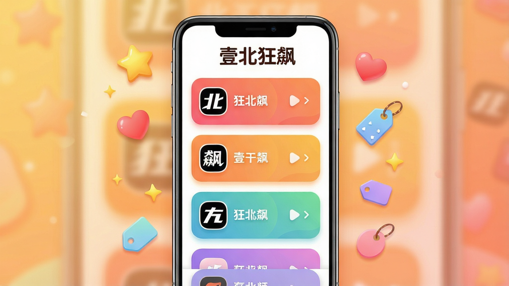 一张展示“壹北狂飙”订阅面板的界面图,画面中央是手机屏幕,屏幕内显示多个彩色卡片组成的订阅频道列表,每个卡片上有频道名称和图标,顶部有“壹北狂飙”字样。周围有星星、爱心、标签等装饰元素。布局为纵向列表式,背景为暖色调渐变,风格温馨活泼,细节上卡片有圆角与轻微投影,画质清晰,无杂乱元素。
