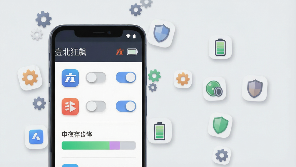 一幅展示手机后台管理界面的示意图,画面中一部安卓手机屏幕显示“壹北狂飙”的后台管理面板,面板上有多个应用图标和开关按钮,旁边有电池图标和内存占用条。手机周围漂浮着齿轮、盾牌、电池等小图标。布局为左右结构,左侧手机右侧功能图标,背景为浅灰色,风格简洁商务,细节上按钮有凹凸质感,数据条色彩柔和,画质清晰干净,无多余元素。