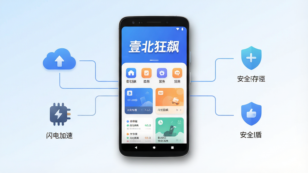 一幅横向展开的软件界面全景图,画面中央展示一部安卓手机,手机屏幕内呈现“壹北狂飙”应用的主页,主页顶部有醒目的应用名称“壹北狂飙”字样,下方排列着功能图标与卡片式内容区块。手机两侧用简洁的线条延伸出云端存储、闪电加速、安全盾牌等抽象图形元素。整体布局采用居中对称式,背景为浅蓝到白色的渐变,风格偏向现代科技感与扁平化设计,细节上手机边缘带有轻微阴影,图标圆润,画质清晰干净,无多余杂乱元素。