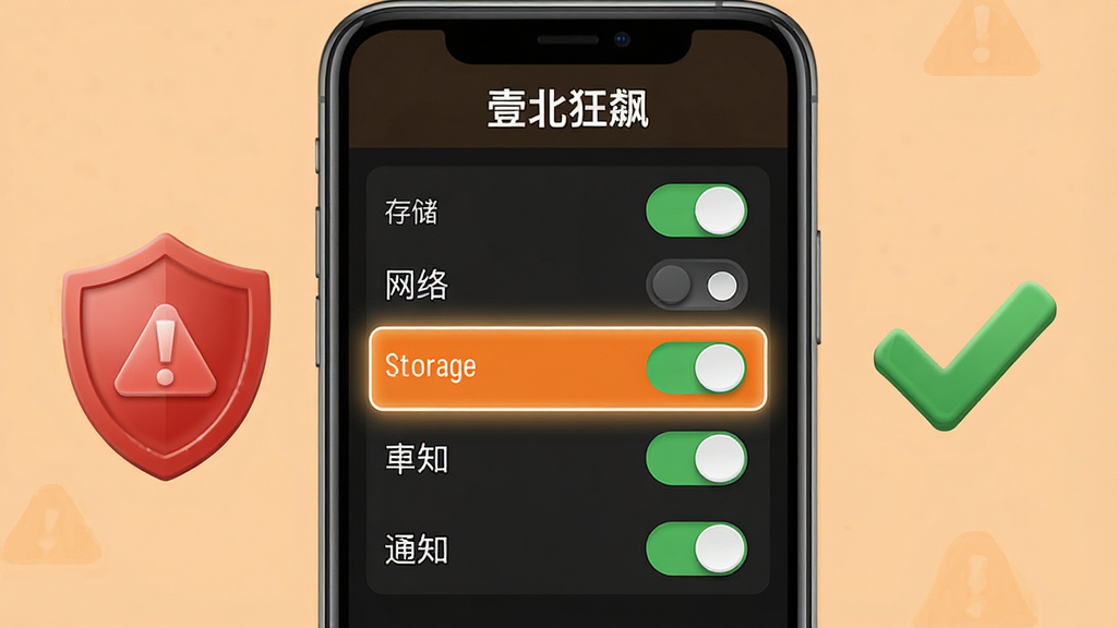 一幅展示手机安全设置界面的示意图,画面中一部手机屏幕显示“壹北狂飙”的权限管理页面,页面上有存储、网络、通知等权限开关,其中存储权限被高亮标注。手机旁边有一个红色的警示盾牌图标和一个绿色的对勾图标。布局为居中构图,背景为浅橙色,风格警示与提示结合,细节上开关按钮有立体感,画质清晰,无杂乱元素。