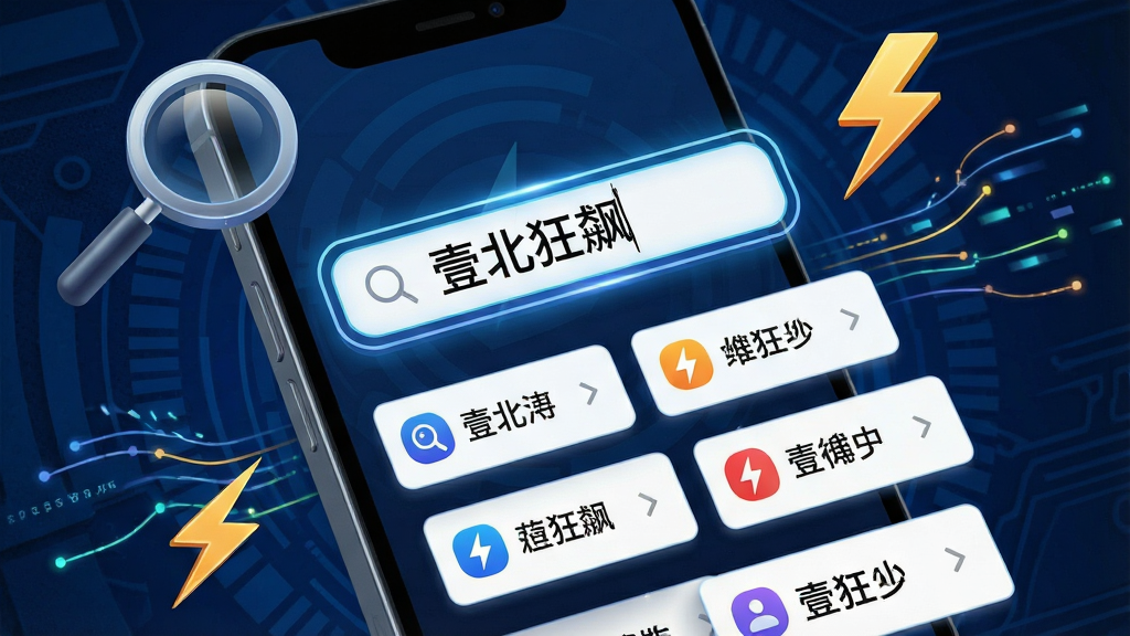 一张展示“壹北狂飙”搜索功能的特写图,画面主体为手机屏幕,屏幕中央是一个搜索框,搜索框内显示“壹北狂飙”文字,搜索框下方弹出多个联想结果卡片,卡片上带有小图标和文字。周围环绕着放大镜、闪电、数据流线条等抽象装饰元素。布局采用中心聚焦式,背景为深蓝色科技纹理,风格偏向未来感与动感,细节上搜索框带有发光边缘,卡片有轻微悬浮效果,画质高清,无杂乱元素。