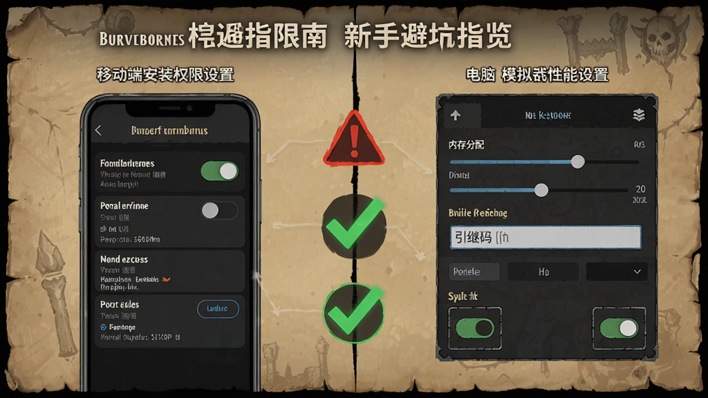 Buriedbornes新手避坑指南信息图预览,画面采用分栏布局,左侧展示移动端安装权限设置界面,右侧展示电脑端模拟器性能设置面板,中间用红色警告标志和绿色对勾图标区分禁忌与推荐操作,背景是暗黑地牢风格的羊皮纸纹理,风格为信息图表设计,细节包括权限开关按钮、内存分配滑块、引继码输入框、特效开关图标,画质清晰,干净,无多余元素