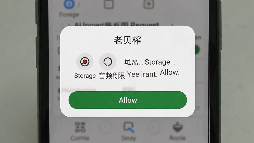 一张展示“老贝榨”安装权限请求界面的图片,画面主体是手机弹窗,显示仅需存储和音频权限,背景为白色,布局为居中弹窗,排版清晰,风格为简约系统截图风格,细节包括权限图标、允许按钮、权限说明文字,画质清晰,干净,无多余元素