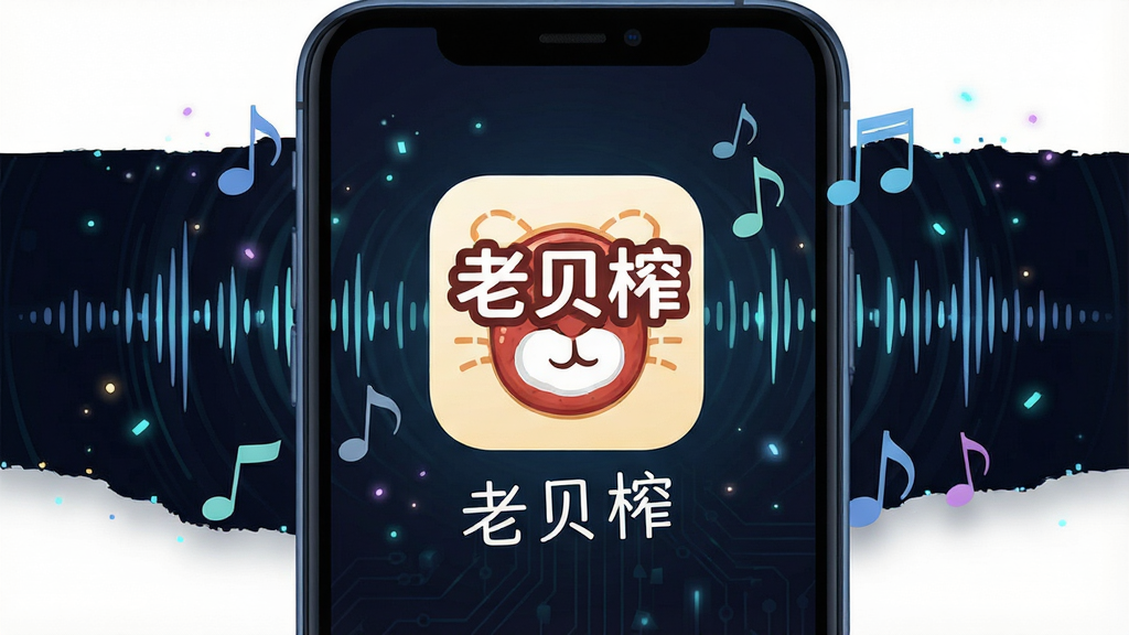 一张展示手机屏幕的图片,画面中央是“老贝榨”软件的图标和名称,背景是深色科技风,周围环绕声波纹理和音符符号,主体突出,布局居中,排版简洁,风格为扁平化数字插画,细节包括手机边框、音效波形、发光粒子,画质清晰,干净,无多余元素