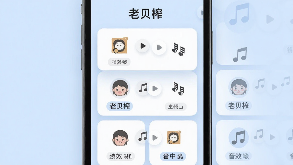 一张展示“老贝榨”音效分类的图片,画面主体是手机屏幕上的音效卡片列表,每张卡片带有不同的图标和名称,背景为淡蓝色,布局为网格排列,排版整齐,风格为清新扁平化插画,细节包括音符图标、播放按钮、分类标签,画质清晰,干净,无多余元素