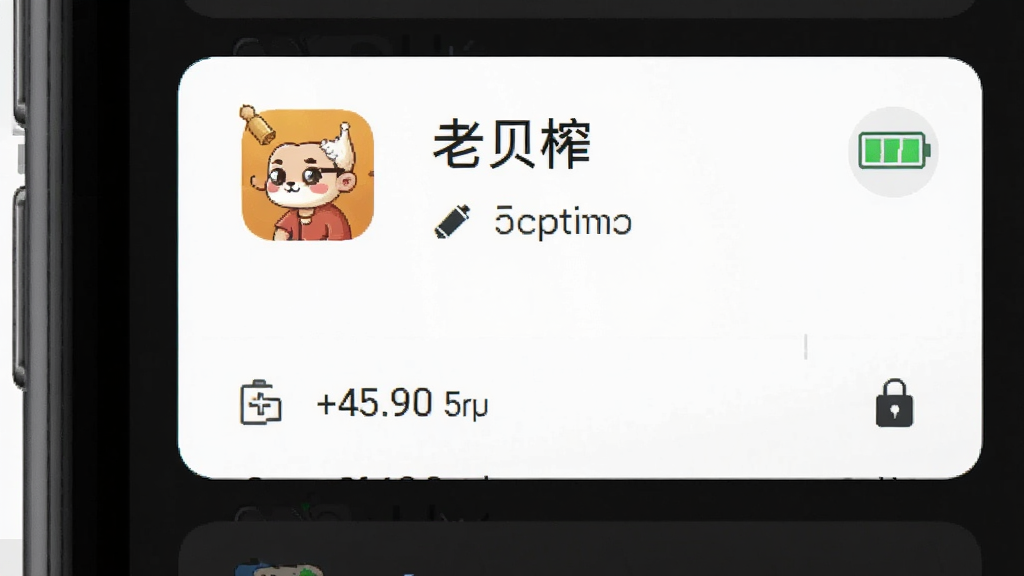 一张展示“老贝榨”后台运行状态的图片,画面主体是手机的多任务管理界面,老贝榨应用卡片清晰可见,旁边有电池优化图标,背景为深色,布局为侧边展示,排版简洁,风格为科技感UI示意图,细节包括后台卡片、内存占用数值、锁定图标,画质清晰,干净,无多余元素