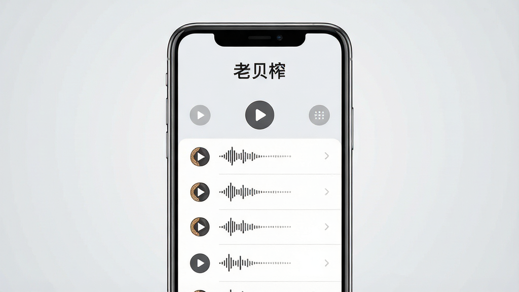 一款名为“老贝榨”的手机应用界面展示图,画面主体是一部竖屏手机,屏幕上显示简洁的音效列表界面,顶部有“老贝榨”文字标识,背景为浅灰色渐变,布局为居中展示,排版干净利落,风格为现代UI设计展示图,细节包括播放按钮、音效波形图标、列表分割线,画质高清,干净,无多余元素