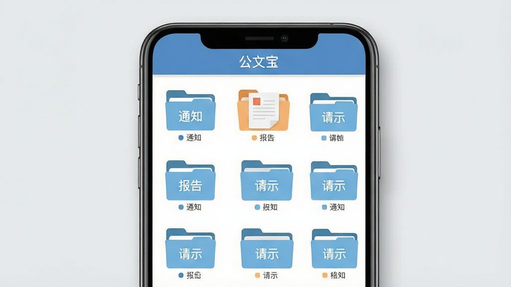 一张展示“公文宝”软件内部模板库列表的图片,画面主体为手机屏幕,屏幕内整齐排列着“通知”、“报告”、“请示”等文件夹图标。布局采用网格状排列,风格简洁扁平化。细节上屏幕边缘有轻微的阴影,背景为淡灰色。画质清晰,干净无多余元素。