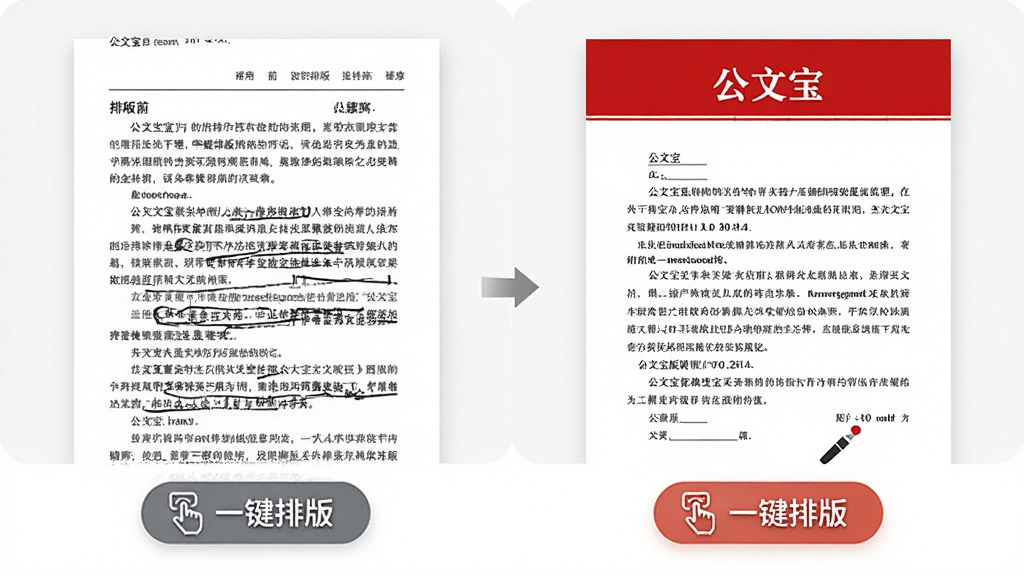 一张展示“公文宝”软件一键排版功能效果的对比图,画面左侧为排版前混乱的文字段落,右侧为排版后整齐规范、带有红色标题的公文样式。布局左右对比,风格直观清晰。细节上手机屏幕下方有一个“一键排版”的按钮图标。画质明亮,干净无多余元素。