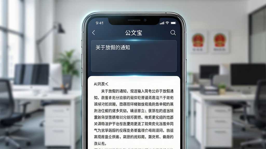 一张展示“公文宝”AI写作界面的图片,画面主体为手机屏幕,屏幕上半部分显示用户输入的简短文字“关于放假的通知”,下半部分显示AI自动生成的长篇规范公文内容。布局上下结构,风格科技感与商务感结合。细节上屏幕有轻微的光晕效果,背景为模糊的办公室场景。画质清晰,干净无多余元素。