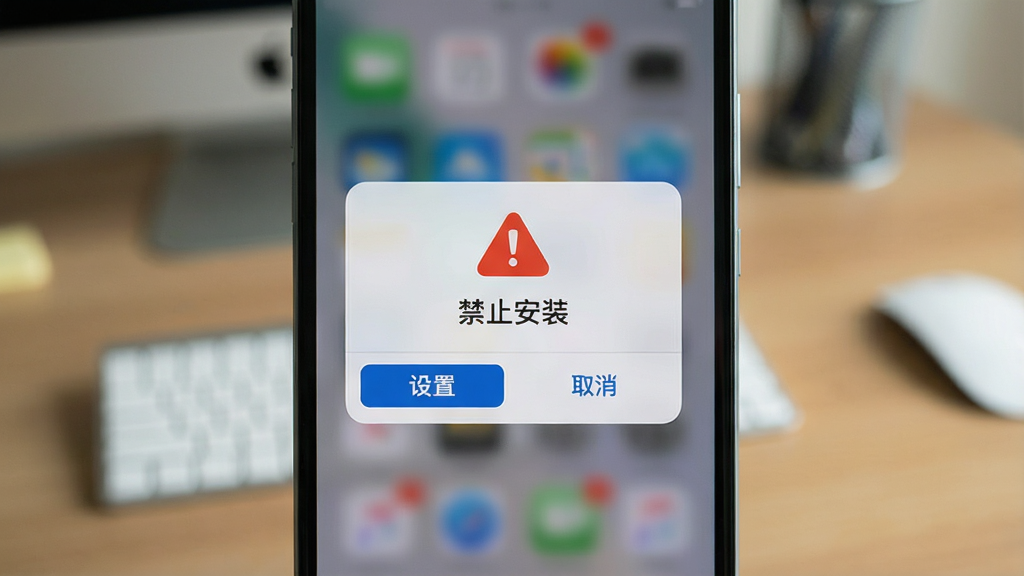 一张展示手机屏幕出现安装风险提示弹窗的图片,画面主体为手机屏幕,屏幕中央显示红色警告图标和“禁止安装”字样,下方有“设置”和“取消”两个按钮。布局居中,风格写实。细节上手机背景为模糊的桌面。画质清晰,干净无多余元素。