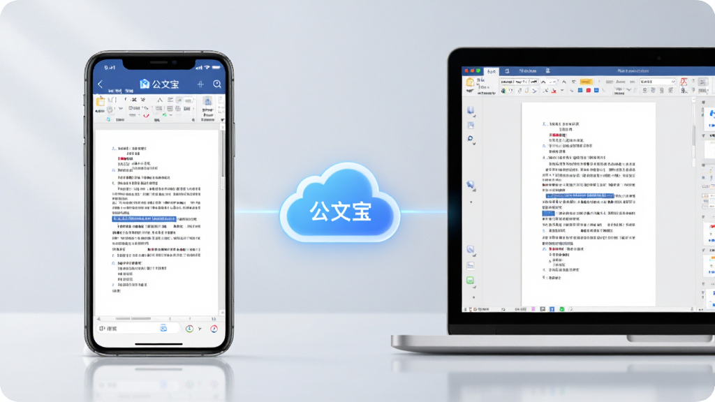 一张展示“公文宝”多端同步概念的图片,画面中央是一部手机和一台笔记本电脑,两者之间用发光的云朵图标连接。布局对称,风格现代科技。细节上手机屏幕显示正在编辑的文档,电脑屏幕显示同一文档的预览界面。画质清晰,干净无多余元素。
