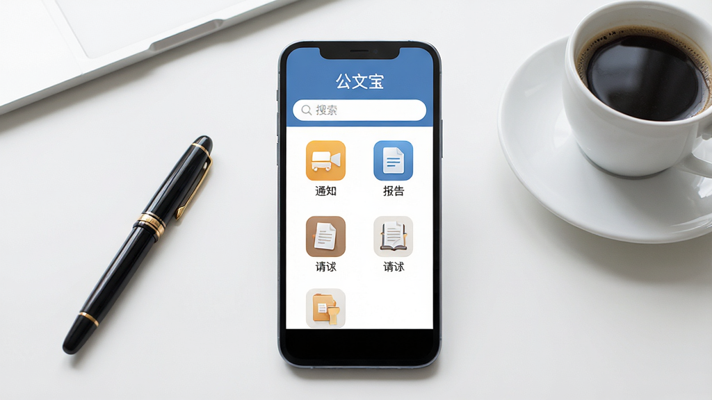 一张展示智能手机屏幕的图片,屏幕中央显示“公文宝”应用程序的主界面,界面布局包含顶部的搜索栏和下方的公文分类图标,如通知、报告、请示等。背景为简洁的办公室桌面,有一支钢笔和一杯咖啡。排版居中,风格现代商务,细节清晰,画质干净明亮,无多余元素。