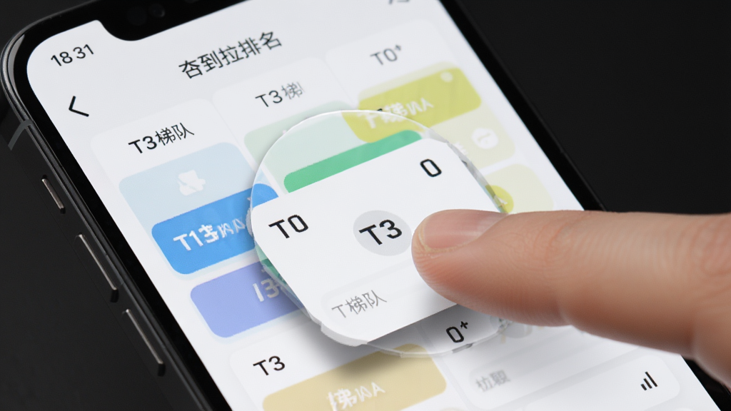 手机屏幕特写,展示从夯到拉排名软件中用户手指拖拽一张卡片从T3梯队移动到T0梯队的过程,卡片有轻微阴影和放大效果,背景是干净的梯队网格,界面风格简洁现代,画质清晰