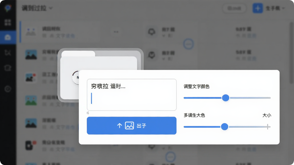从夯到拉排名软件编辑界面,画面中有一张卡片被点开,弹出编辑框,框内有文字输入框和图片上传按钮,旁边显示调整文字颜色和大小的滑块,背景是模糊的梯队列表,界面干净,高清晰度