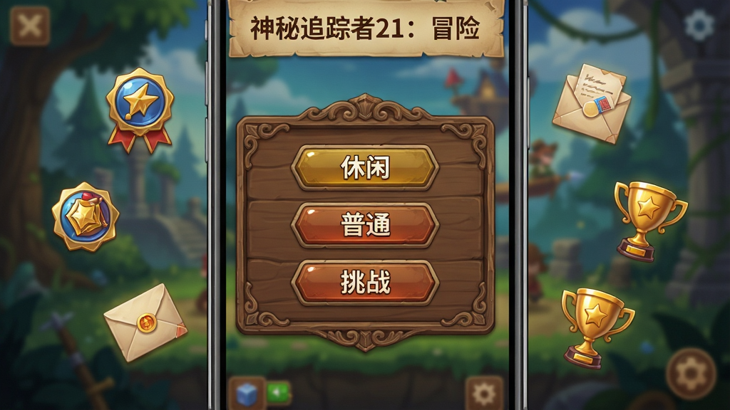一张展示手机游戏多种难度选择和收集品界面的图片,画面中央是一个精致的木质菜单面板,上面有
