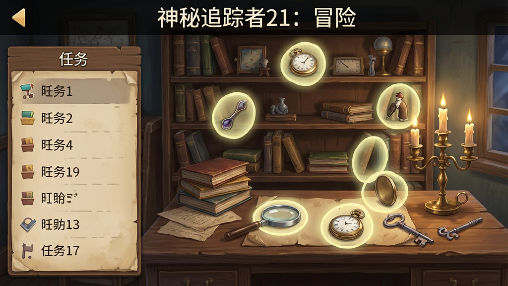 一张手机游戏寻物场景截图风格的图片,画面展示一个杂乱的书房场景,书架上摆满旧书和摆件,桌上有放大镜、怀表、钥匙等物品,其中几个物品用淡黄色光圈高亮标注,画面布局为横版,排版左侧显示任务列表栏,风格为写实手绘风,细节包括木纹桌面、纸张泛黄质感、烛台光影,画面中文字