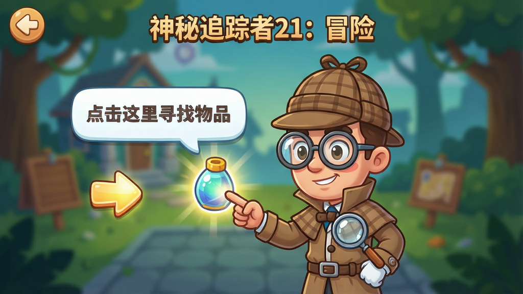 一张手机游戏新手引导界面的图片,画面展示一位卡通风格的侦探角色站在游戏场景前,手指向一个发光的物品,旁边有文字气泡